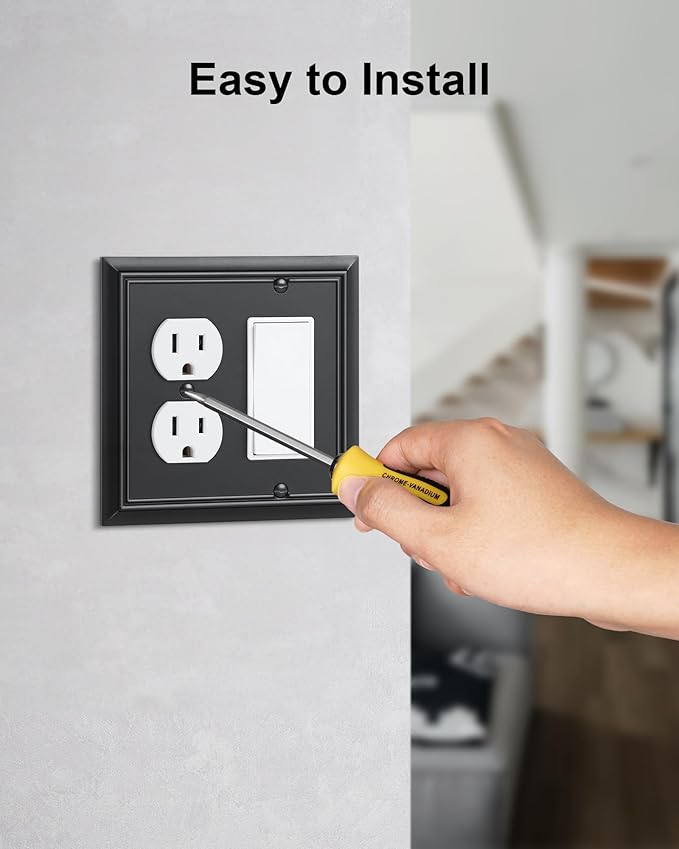 2-Pack Combo Duplex/Decorator Outlet Cover Plate, Black Decorative Switch Plates Covers, Durable Natural Bamboo Fiber Wall Plates for Electrical Outlets, Receptacle, GFCI Outlet, Dimmer Switch