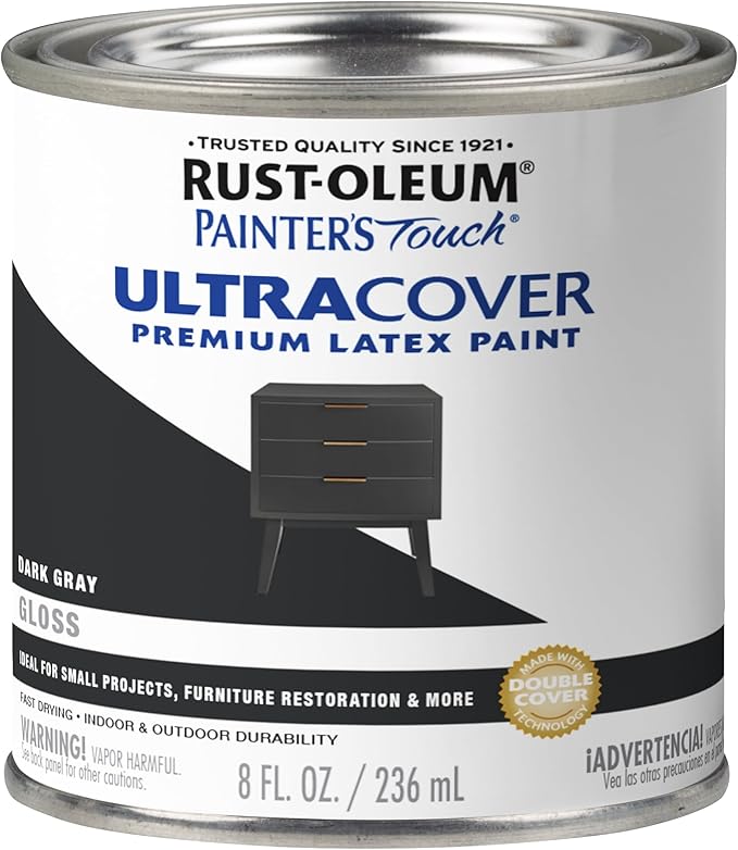 Rust-Oleum 1986730 Brush Painter's Touch Ultra-Cover Multi-Purpose Enamel Paint, 1/2 Pt Can, Gloss Dark Gray 8 Fl Oz (Pack of 1)