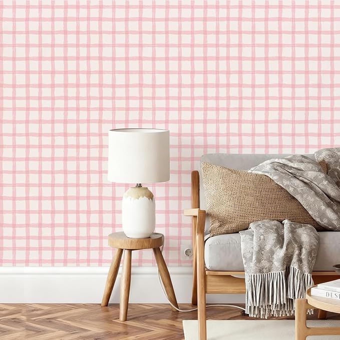 Plaid Wallpaper Peel and Stick, 17.7"x393" | Hand-Painted Pink, Self Adhesive, Vinyl, Removable, Boho Checkered Contact Paper for Bedroom, Living Room, Bathroom