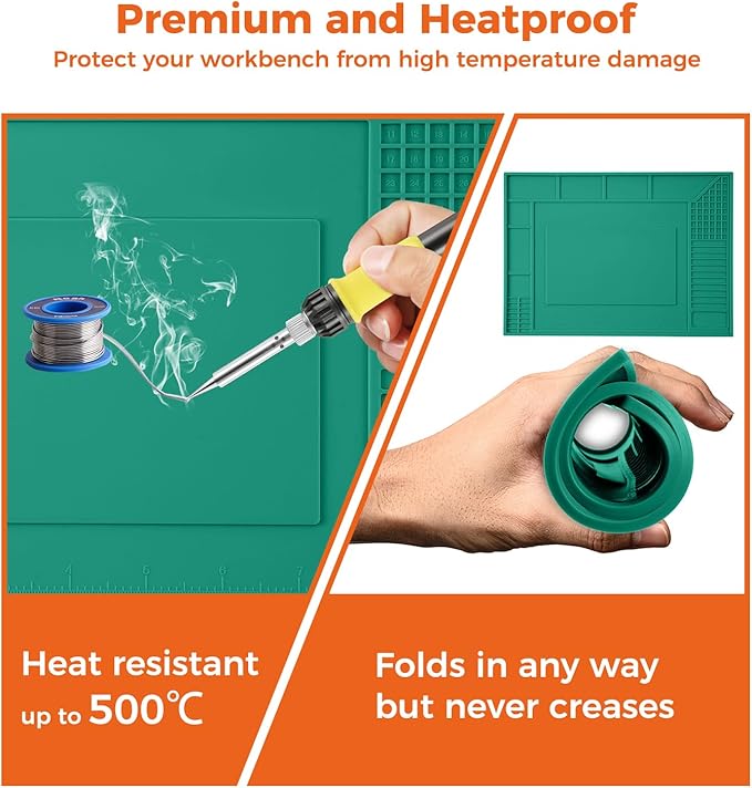 Noah Premium Heat Resistant Soldering Mat 932°F,Silicone repair Mat for Soldering Desoldering,Cell Phone, Laptop Repair, 11.8''x8.3'',Green