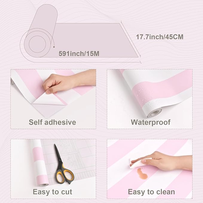 Cohoo Home Pink Striped Peel and Stick Wallpaper Pink and White Stripe 17.7”×591” Contact Paper for Cabinets Modern Stripes Self-Adhesive Removable Wall Paper Cute Girls Bedroom Nursery Decor Vinyl