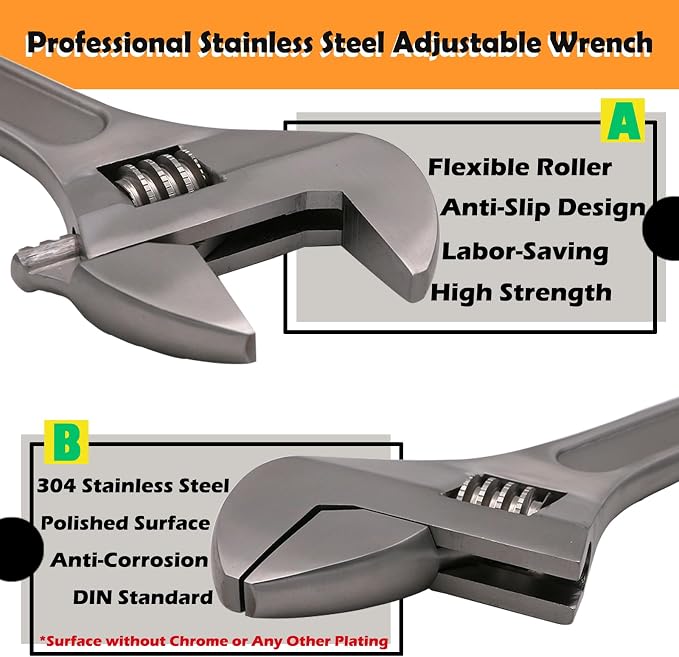 WEDO 5PCS Adjustable Wrench Set 4",6",8",10",12",Stainless Steel | Wide Jaw Spanner,Professional Spanner,Precision Jaws,Corrosion Resistant,For Automotive,Home and Plumbing Repairs