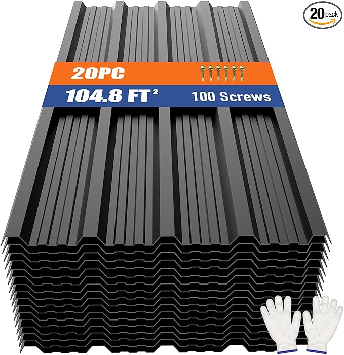 Brakki Metal Roofing Panels 20pcs 104.8 ft², Black Corrugated Galvanized Steel Roof Panels with Screw, Heavy Duty Metal Siding Suitable for Garages Chicken Coop Sheds Stables Patio