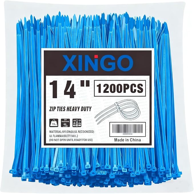 XINGO 14 Inch Blue Zip Ties 1200 PCS, 75 LBS Tensile Strength, UV Resistant Cable Ties, Premium Self-locking Plastic Ties for Indoor and Outdoor Use