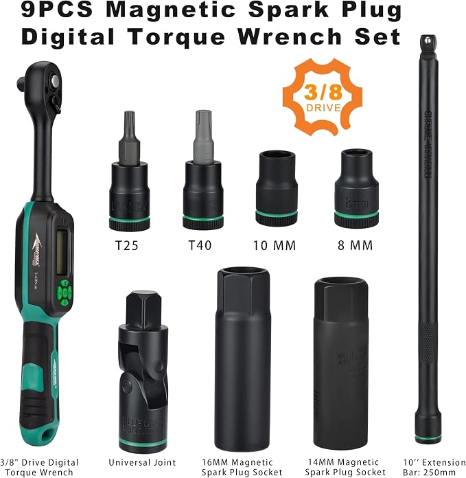 AEROFORCE 9PCS Magnetic Spark Plug Socket Set with a 3/8" Drive Digital Torque Wrench (6.8-135Nm), Includes 12-Point 14mm & 16mm Spark Plug Sockets for cars, motorcycles, lawnmowers