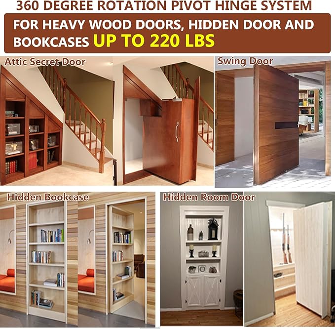 Heavy Duty Pivot Hinge Set with Door Ball Catch for Wood Door, HBL' Hidden Door Hinge for Secret Door, Swing Door, with 360 Degree Rotation, Invisible Pivot Door Hardware for Bookshelf.