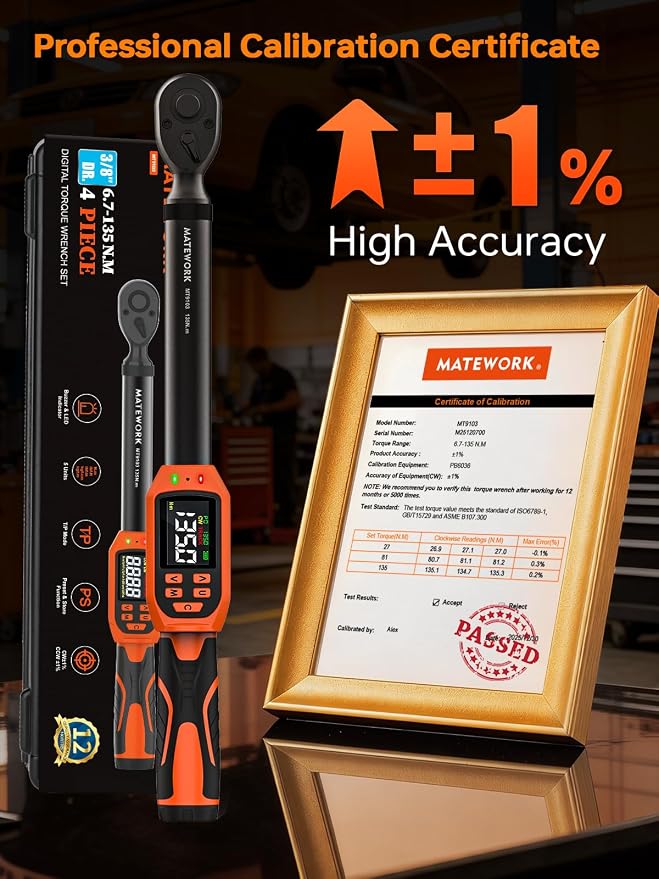 Matework Digital Torque Wrench 3/8" Drive, (5-99.5 Ft.Lb/6.7-135Nm), ±1% Accuracy Electric Torque Wrench Digital with 2 Extension Bars, Buzzer and LED Flash Alert, for Bike/Moto/Auto Repair