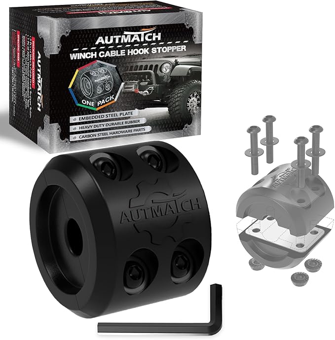 AUTMATCH Winch Cable Hook Stopper (1 Pack), Silicone Rubber Winch Stopper for Wire & Synthetic Rope, Winch Line ATV UTV, Shock Absorbent, Prevent Pulling Bounce and Abrasion, Black