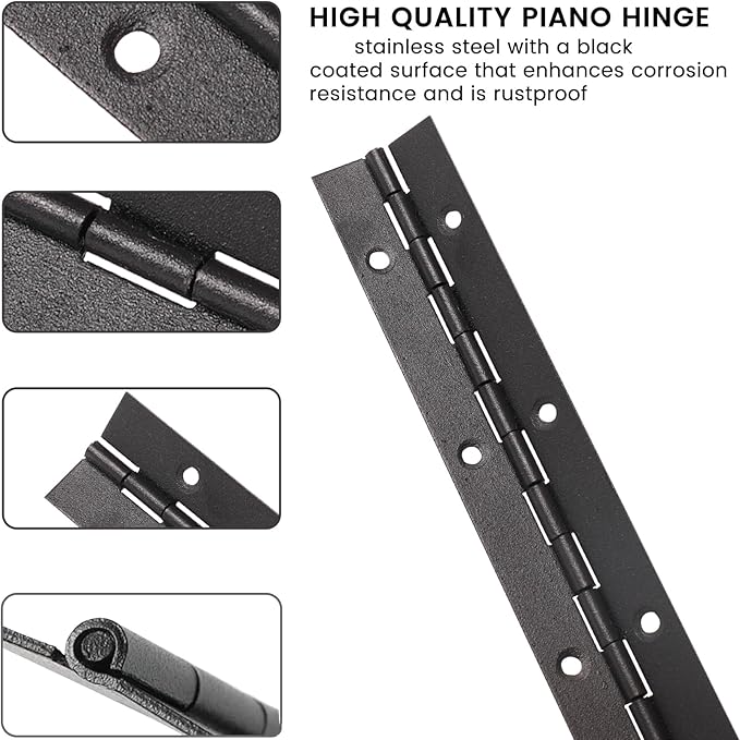 2-Pack 12-Inch Black Stainless Steel Heavy Duty Continuous & Piano Hinge, 2" Open Width Piano Boat Hinges, with Pre-Drilled Holes and Screws, Ideal for Piano Cabinets ane Wooden Box.