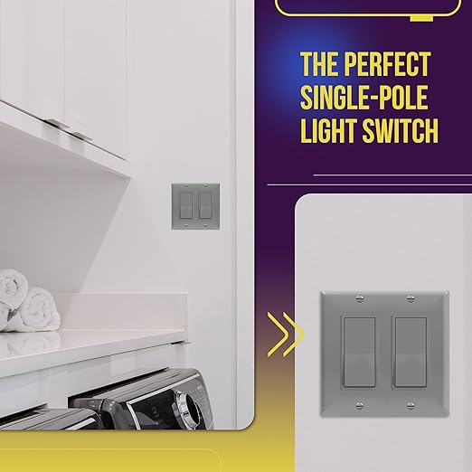 ENERLITES Single Pole Decorator Paddle Light Switch, Residential Grade, 15A 120V-277V, Gloss Finish, Grounding Screw, Back Insert and Side Terminals, 91150-GY, Gray