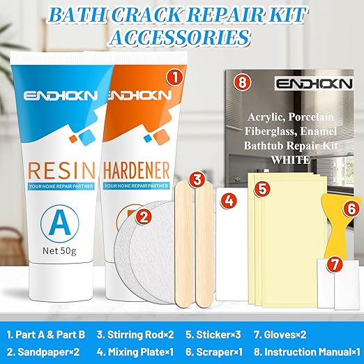 Bath Repair Kit White, Endhokn Enamel, Porcelain, Acrylic, Fiberglass, Ceramic Sink, Tub Tile Toilet Shower Kit & Tray & Chip & Pedestal Crack Hole Scratches Repair