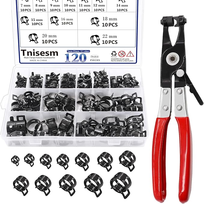 Tnisesm 121Pcs 6-22mm Spring Hose Clamp Assortment Kits with Swivel Flat Band Fuel Hose Clamp Plier, Silicone Vacuum Hose Action Pipe Clamp Low Pressure Air Clip Clamp Hoses Clamps sleeving(Black)