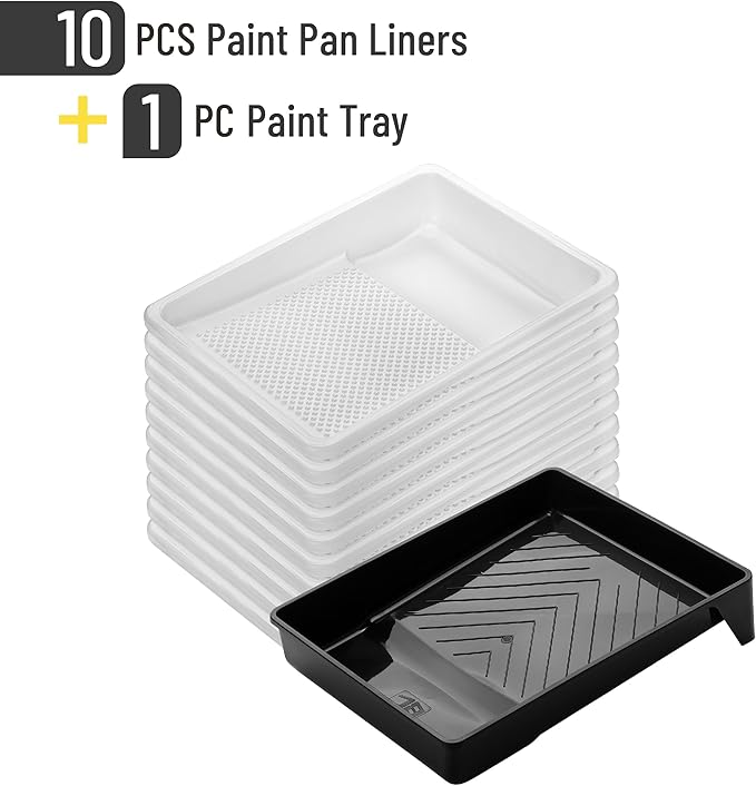 Bates- Paint Tray Set, 9-Inch, 11 pcs, Plastic Paint Tray with 10 Tray Liner, Textured Deep Capacity Disposable Paint Tray Liner, Paint Pan Liners, Paint Pans Trays, Paint Trays