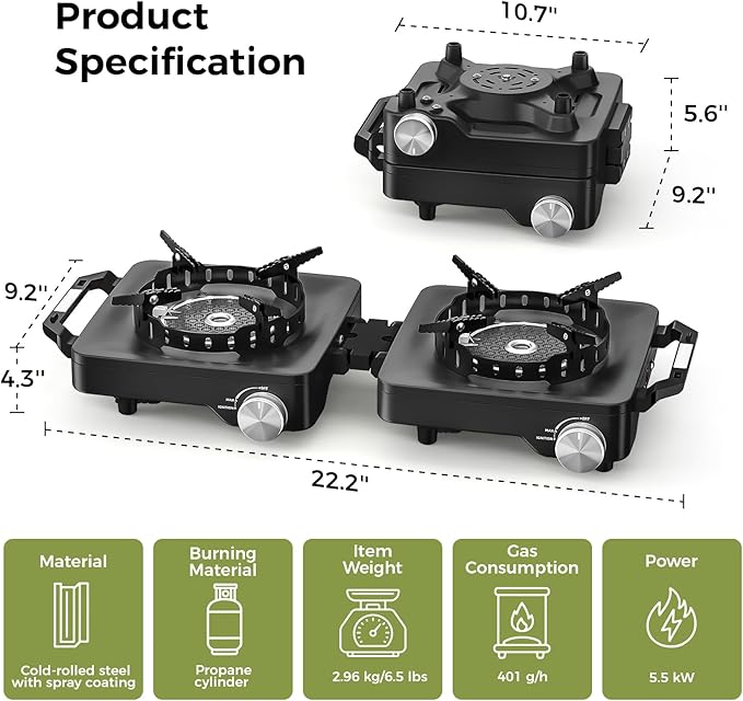 MoKo Propane Camping Stove 2 Burner, 36,000 BTU Infrared & Open Flame Hybrid, Windproof Folding Portable Outdoor Gas Cooking Kit with Frying Pan & Carry Bag For RV, Tailgating, Survival, Black