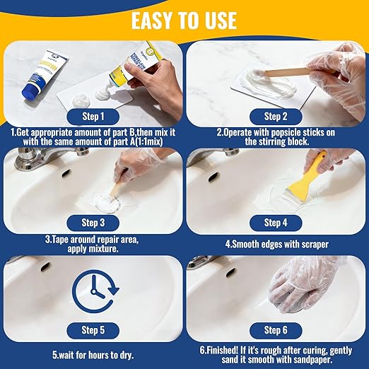Porcelain Repair Kit White,Tub Chip and Bathtub Repair Kit for Chips, Cracks, Scratches, Rust, Holes on Tubs, Sinks, Tiles, Toilet, Ceramics, Fiberglass, Enamel, Acrylic
