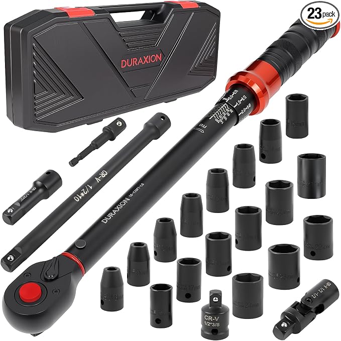 23PCS 1/2-Inch Drive Torque Wrench Set, 10-170FT.LB/13.6-230.5Nm | Click Torque Wrench with Sockets, 72-Tooth Dual-Range, ±3% Precision Adjustable Torque Wrenches for Cart, Motorcycle, Lug Nut