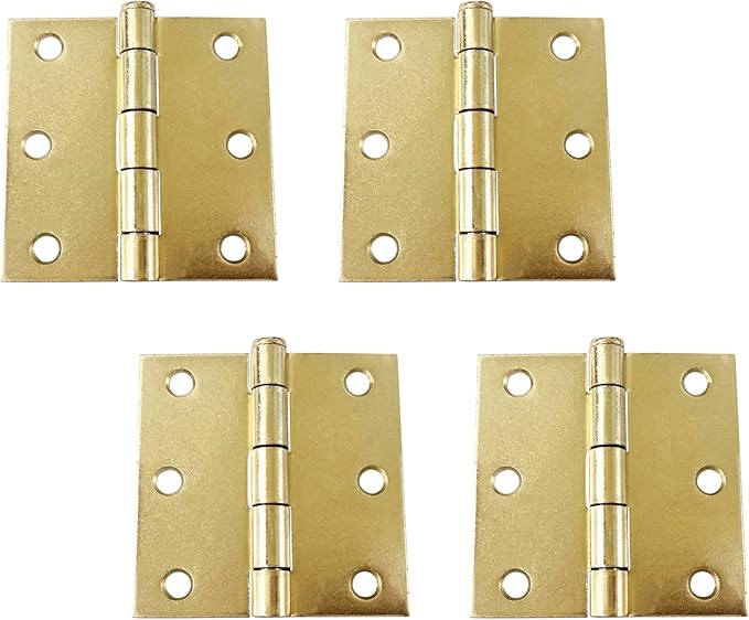 QCAA Square Door Butt Hinge, Heavy Gauge, Swaged, Loose Pin, 3"x3"x2.0mm, Brass Plated, Made in Taiwan, 4 Pack