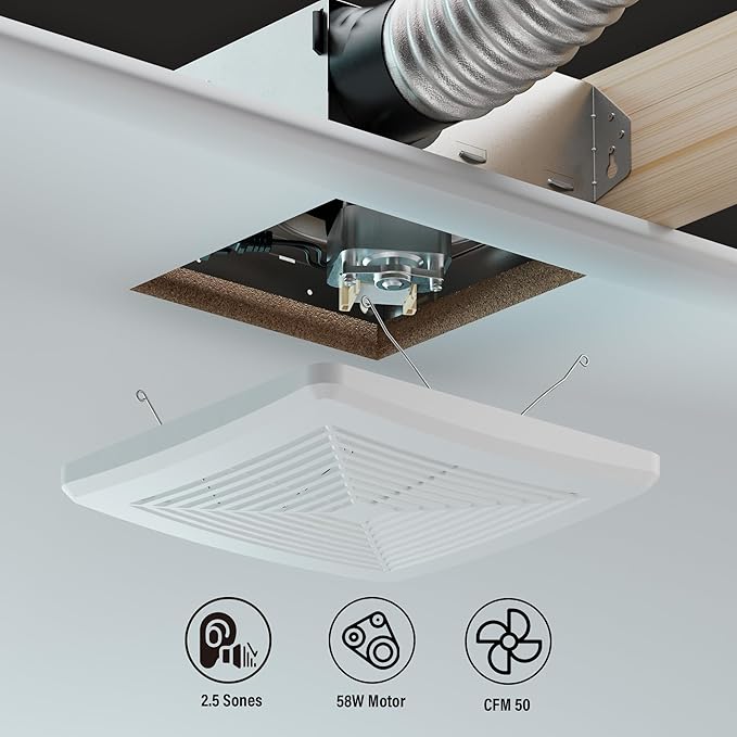 50CFM Bathroom Exhaust Fan: Retrofit Ceiling Bath Vent Fan with Grille, Wall Mount Ventilation Fan for New Building Multi Family, Condo, Apartment and Hotel, ETL, White, 1 Pack