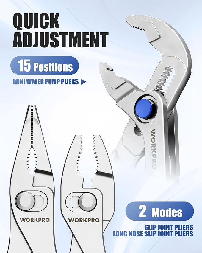 WORKPRO 3-Piece Mini Pliers Set with Pouch, Pocket Pliers, EDC Tool Gift | 4-Inch Slip Joint Pliers, 4-Inch Water Pump Pliers, 4.5-Inch Long Nose Slip Joint Pliers, Alloy Steel, Anti-Rust Coating