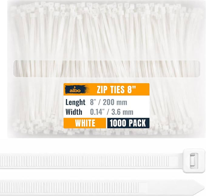 ALBO Zip Ties White 8 Inch 1000 Pack 40 lb, Long Plastic Cable Ties Thick 0.14 Inch Tie Wraps Heavy Duty UV Resistant Nylon Wire Ties for Indoor and Outdoor