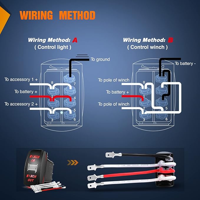 Nilight Winch Rocker Switch Momentary Toggle ON Off DPDT 7Pin 12V 24V Jumper Wires in Out Switches Red for Cars Trucks Caravans Boats