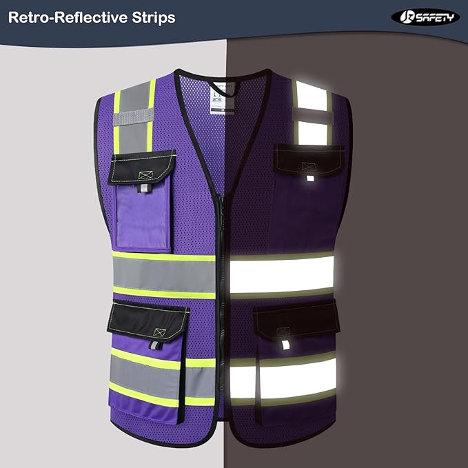 JKSafety Hi Vis Reflective Safety Vests for Men Women High Visibility Vest with Pockets Mesh Fabric Construction Safety Apparel Neon Vest for Work (220-PurpleB XXL)