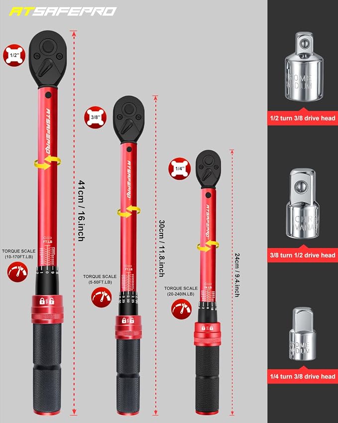 Torque Wrench Set-1/4 20–240 in-LB, 3/8" 5–50 ft-lb,1/2" 10–170 ft-lb with 3 Socket Adapters,±3% Accuracy, Dual Scale, 72-Tooth, Dual-Direction for Car, Bike, Motorcycle Repair Maintenance