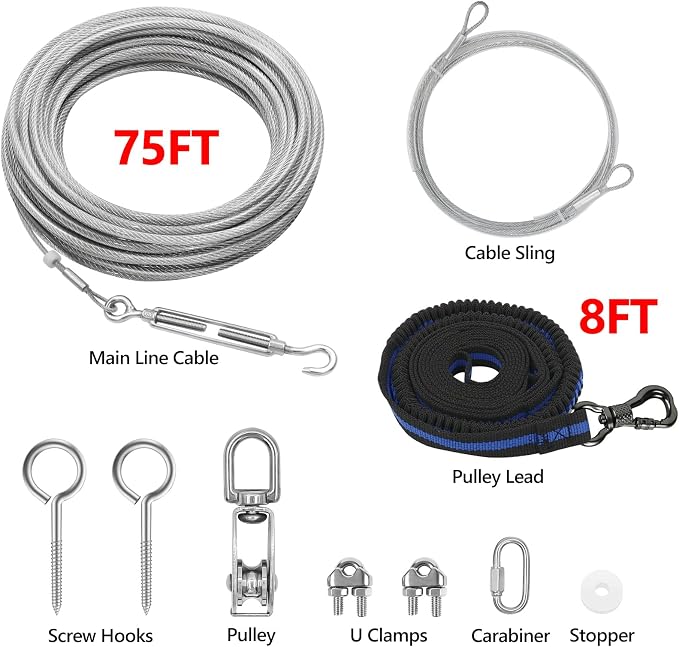 XiaZ Dog Tie Out Cable, 75ft Trolley Runner Cable for Dogs up to 250lbs, Dog Lead for Yard, Camping, Outdoor, with 8 Ft Nylon Bungee Runner, Cable Sling to Protect Trees