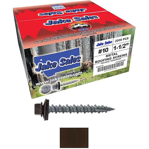 10 x 1-1/2" Dark Brown Metal Roofing Screws - Hex Washer Head- Self-Starting/Tapping - EPDM Washer. 8 X 250 Bags - 2,000 Screws