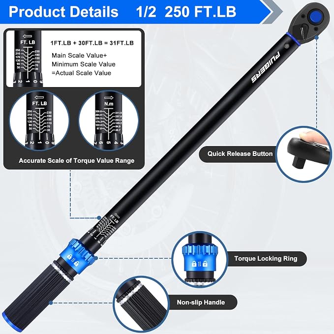 Torque Wrench 1/2 drive, 30-250 FT.LB/40.7-339 Nm, Dual-Direction Adjustable 1/2 Torque Wrench, 72-Tooth Click Dual Range Scales Wrenches for Car, Truck,Tractor