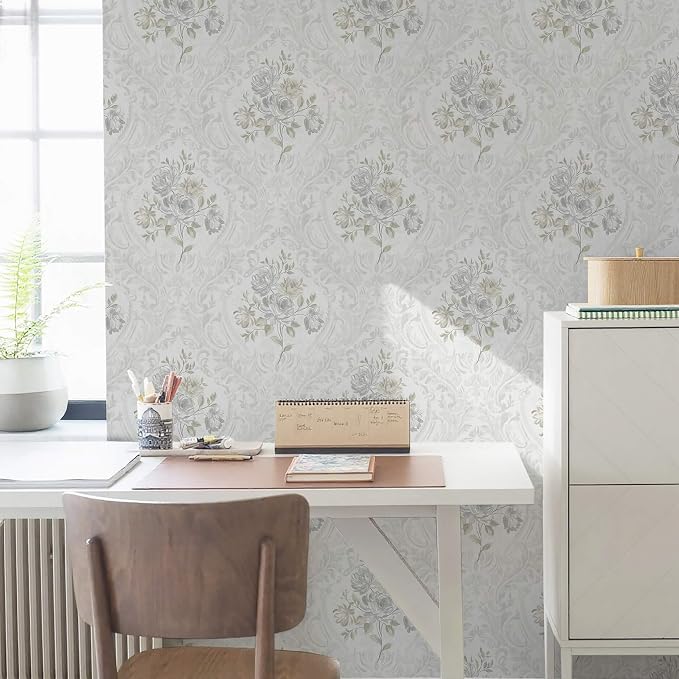 Ismoon Vintage Peel and Stick Wallpaper Floral Contact Paper Boho White and Grey Watercolor Damask Wallpaper Textured Removable Self Adhesive Vinyl Wall Paper for Bedroom, 17.3 in X 32.75ft