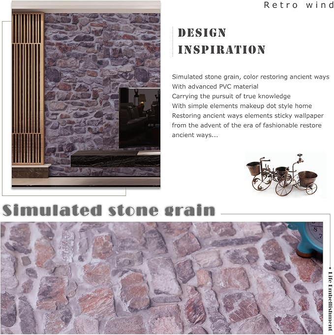 Stone Brick Wallpaper Peel and Stick Self-Adhesive Removable Vinyl Wallpaper Pink Faux 3D Stone Look Wall Paper 15.7" X 118"