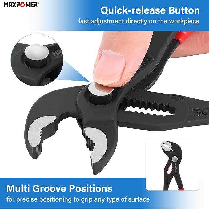 MAXPOWER 7-Inch Water Pump Pliers, 0.98" Jaw Open V Jaw Adjustbale Pliers | Quick Release Push Button Mini Pliers, Serrated Teeth, Comfortable Grips