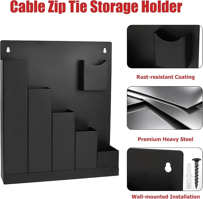 Cable Zip Tie Organizer, Wall Mount Zip Tie Holder, Including 250Pcs Black Zip Ties Assorted Sizes (4”+6”+8”+12”+14”) and 1 Zip Tie Cutter