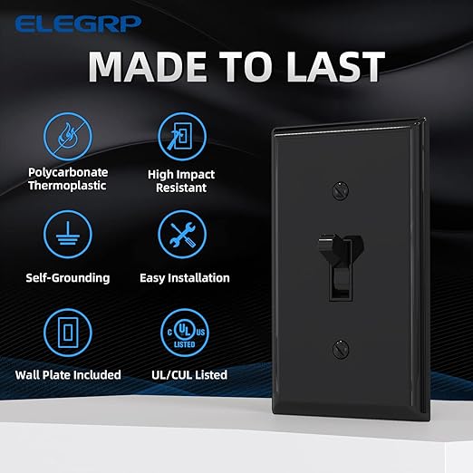 ELEGRP 3 Way Toggle Light Switch with Plate, 15 Amp, 120 V, Toggle Framed AC Quiet Switch, in Wall On/Off Switch, Self-Grounding, Residential and Commercial Grade, UL Listed (10 Pack, Glossy Black)