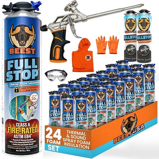 BEEST FullStop Spray Foam Insulation Kit - 480 Board ft/sq.ft. Fire Rated Spray Insulation Foam for Walls & Attics with Thermal & Soundproofing - Includes 24x Cans, 2 Cleaner, Pro X Gun, Safety Gear