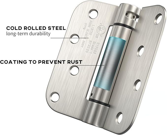 goldenwarm 4 Pack Satin Nickel Spring Door Hinges 4in x 4in Self Closing Hinges with 5/8" Radius Corners Soft-Closing Heavy Duty Door Hinges