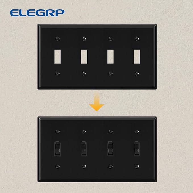 ELEGRP Toggle Light Switch Wall Plate, 4-Gang Standard Size Switch Covers, Unbreakable Polycarbonate Replacement Faceplates Covers, UL Listed, Color-matched Screws Included (2 Pack, Glossy Black)