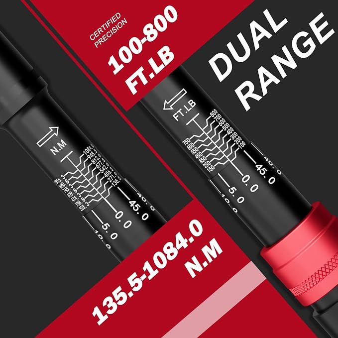 VANPO 3/4-inch Drive Click Torque Wrench, 100-800Ft-Lb, for Car, Truck | 135.5-1084Nm,48.03'' Length, Dual-Direction,48-Tooth, Heavy Duty Torque Wrench Set with a Hex Key for Tractor