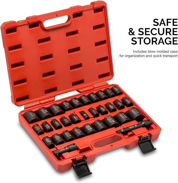 Neiko 02447A 1/2" Drive Master Impact Socket Set, 32 Piece Shallow Socket Assortment | Standard SAE (3/8-Inch to 1-1/4-Inch) and Metric (10-32 mm) Sizes | Cr-V Steel