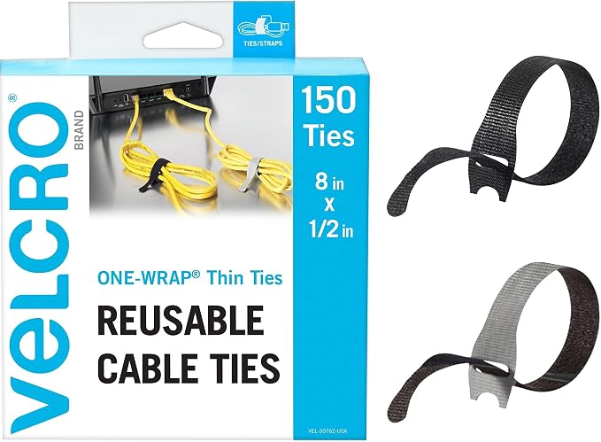 VELCRO Brand 150pk Cable Ties Value Pack, 8in | Gifts for Tech Lovers | For Wire Management and Cord Organizer | Replace Zip Ties with Reusable Straps, Reduce Waste (Pack of 12)
