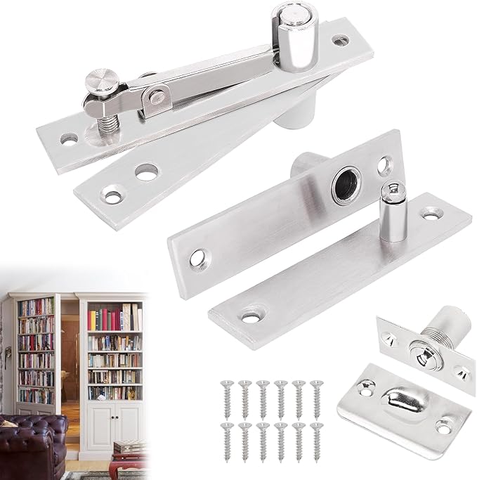 Heavy Duty Pivot Hinge Set with Door Ball Catch for Wood Door, HBL' Hidden Door Hinge for Secret Door, Swing Door, with 360 Degree Rotation, Invisible Pivot Door Hardware for Bookshelf.