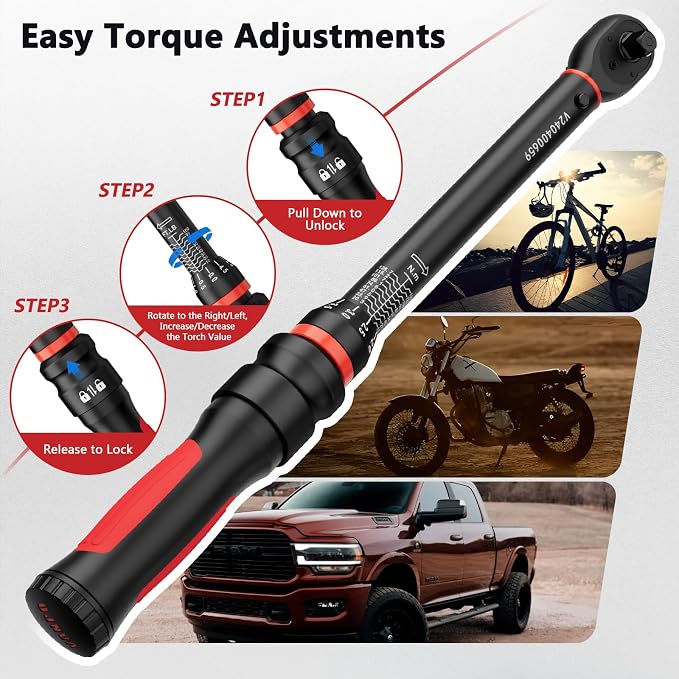 VANPO Torque Wrench 3/8-Inch Drive, 10-100 ft-lb, for Motorcycle | ±3% Precision, Calibration, Click Style, TPR+ABS Handle, Dual Direction, Dual Direction, for Spark plugs, Brake & Lug nuts