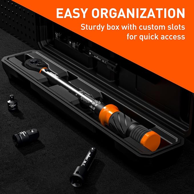 HORUSDY 3/8" 5PCS Torque Wrench Set(5–45 ft-lb/ 6.8–61 Nm) – Torque Wrench 3/8 Drive with 3" Extension, 3/8" to 1/4" & 3/8" to 1/2" Adapters, Case for Bike, Car, Moto & Other Repair