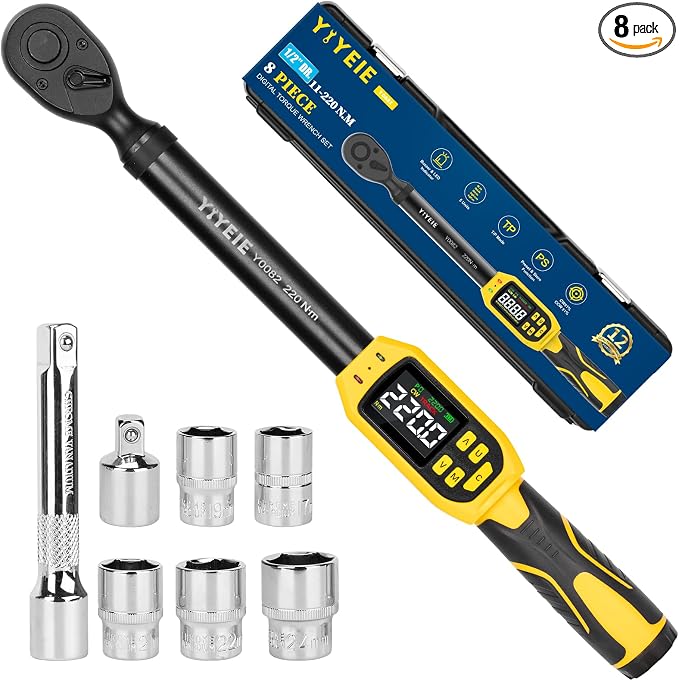 Digital Torque Wrench 1/2" Drive, 8.5-160 Ft-lb/10-220 N.m (±1% Accuracy) | Color LCD, Buzzer and LED Alert, 1/2 Torque Wrench Electronic 8Pcs with Extension Bar, 5 Sockets for Motorcycle, Car Repair