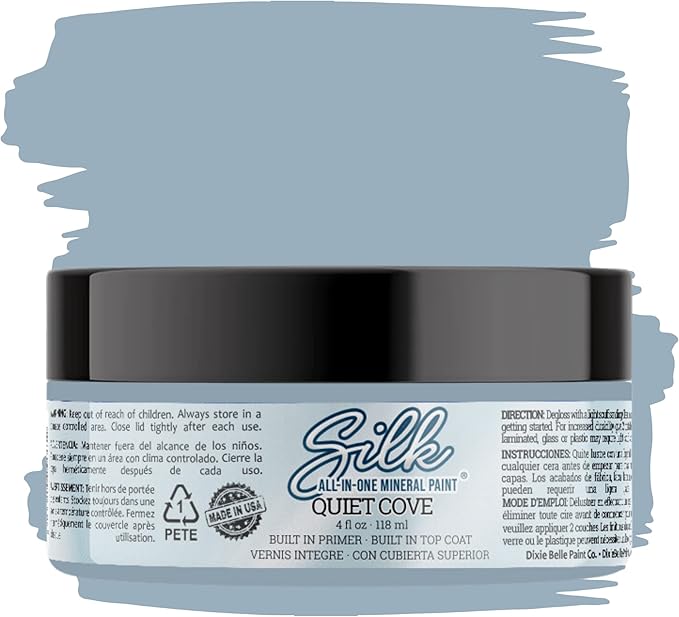 Dixie Belle Silk All-in-One Mineral Paint - Quiet Cove (4oz) - Blue-Gray Water Based Built-In Primer + Topcoat for Wood + Metal - Durable Furniture Paint - Low Reflective Finish