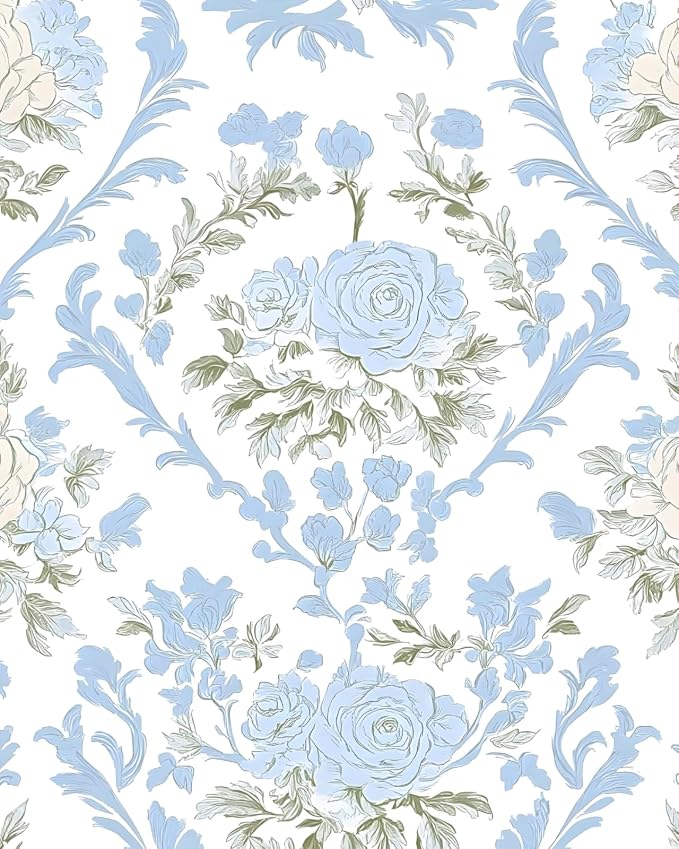 ILHIIOR White Floral Peel and Stick Wallpaper Boho Leaf Contact Paper Blue Flower Removable Self Adhesive Waterproof Wall Paper for Cabinet Drawers Wall Decor Renter Friendly 17.5''x118''