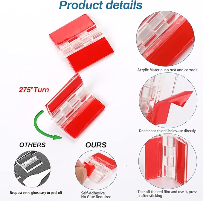 4 Pcs Transparent Plastic Hinges - Acrylic Piano Hinge Self-Adhesive Tools for Cabinet & Drawer Furniture DIY Display Stand (65x40 mm)