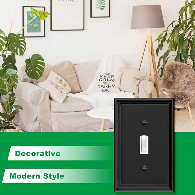 Black Modern Decorative Wall Plate Light Switch Cover Decorator Outlet Covers Rocker Switch Plates Bamboo Fiber Material Wall Plates for Kitchen Bathroom (1 Gang Single Toggle-4 Pack)
