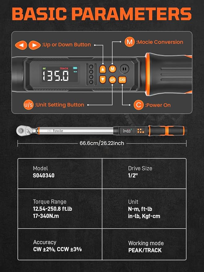 Digital Torque Wrench, 12.54-250.8 Ft.lb /17-340 Nm, 1/2" Drive In Lb Torque Wrench Electronic with Buzzer & LCD Indicator, Torque Wrench Set for Cars Automotive